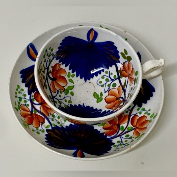 19th Century Antique Gaudy Welsh Butterfly Pattern Hand Painted Cup & Saucer Set - Picture 6 of 15